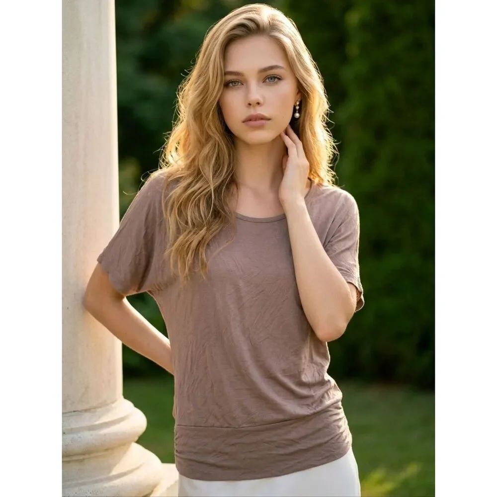 Zenana Outfitters Brown Dolman Sleeve Banded Waist Jersey Knit Top Minimalist